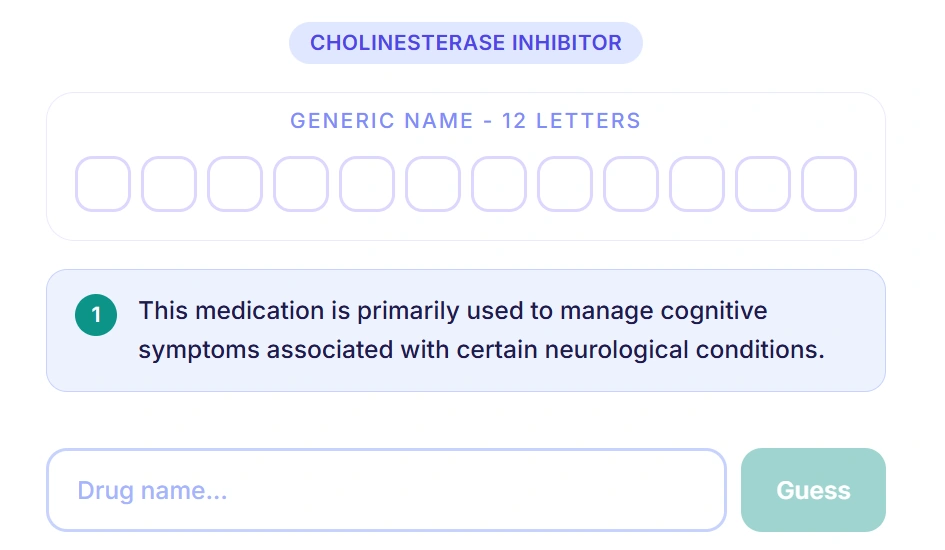 The Tabble daily medication trivia game: a drug-class label, empty letter tiles for a generic drug name, a clue, and a guess box